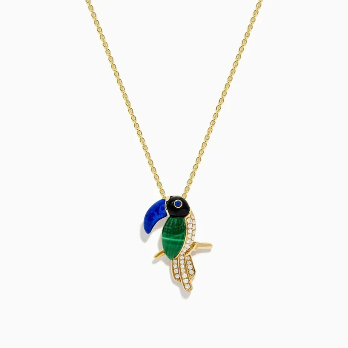 14K Yellow Gold Multi Gemstone and Diamond Toucan Pendant