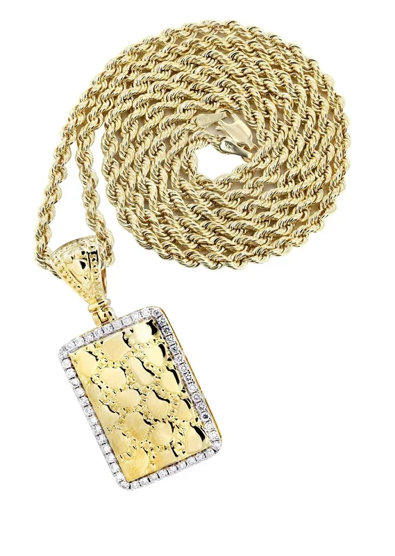 14K Yellow Gold Nugget Dog Tag Diamond Necklace | 0.6 Carats