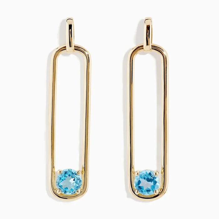 14K Yellow Gold Paperclip Blue Topaz Drop Earrings