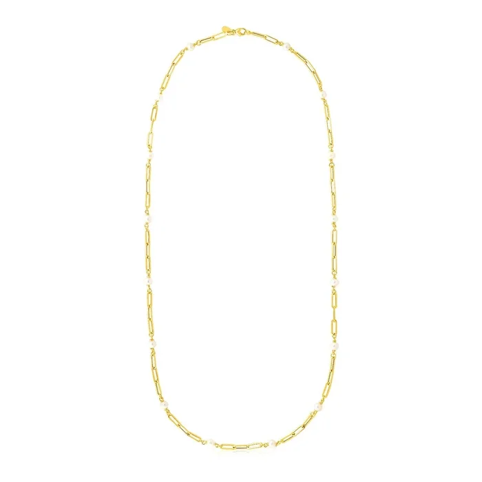 14k Yellow Gold Paperclip Chain and Pearl Necklace