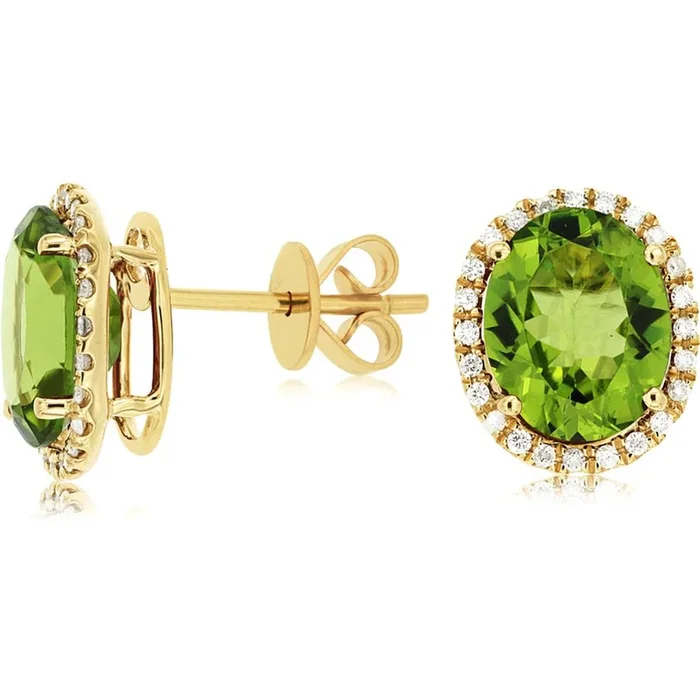 14K Yellow Gold Peridot And Diamond Halo Earrings