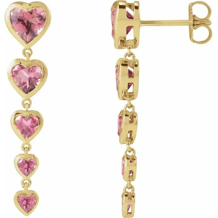 14K Yellow Gold Pink Tourmaline Heart Dangle Earrings