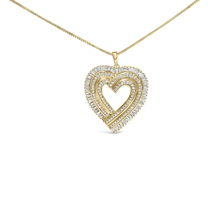 14K Yellow Gold Plated .925 Sterling Silver 1/4 Cttw Round and Baguette-Cut Diamond Composite Heart 18″ Pendant Necklace (H-I Color, SI2-I1 Clarity)