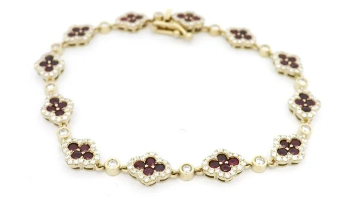 14K Yellow Gold Rubies And Diamonds Flower Bracelet