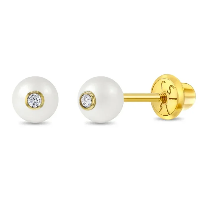 14K Yellow Gold Simulated Pearl with CZ Center Earrings