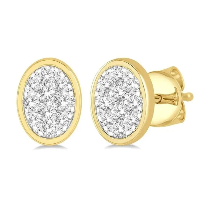 14K Yellow Gold Stud Diamond Pavé Cluster Oval Earring