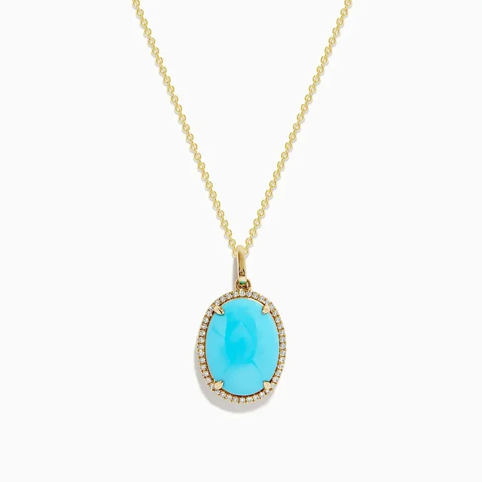 14K Yellow Gold Turquoise and Diamond Pendant