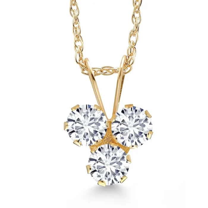 14K Yellow Gold White Lab Grown Diamond 3-Stone Pendant Necklace For Women (0.30 Cttw, Gemstone April Birthstone, Round 3MM, 18 Inch Chain)
