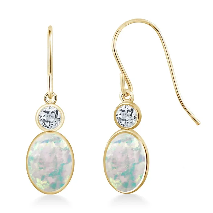 14K Yellow Gold White Opal and White Topaz Hook French Fish Ear Wire Dangle Earrings For Women (1.54 Cttw, Gemstone October Birthstone, Oval Cabochon 7X5MM, Round 3MM)