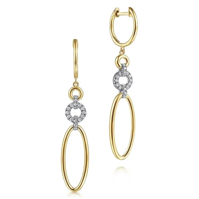 14K Yellow-White Gold Long Multi Link Diamond Huggie Drop Earrings