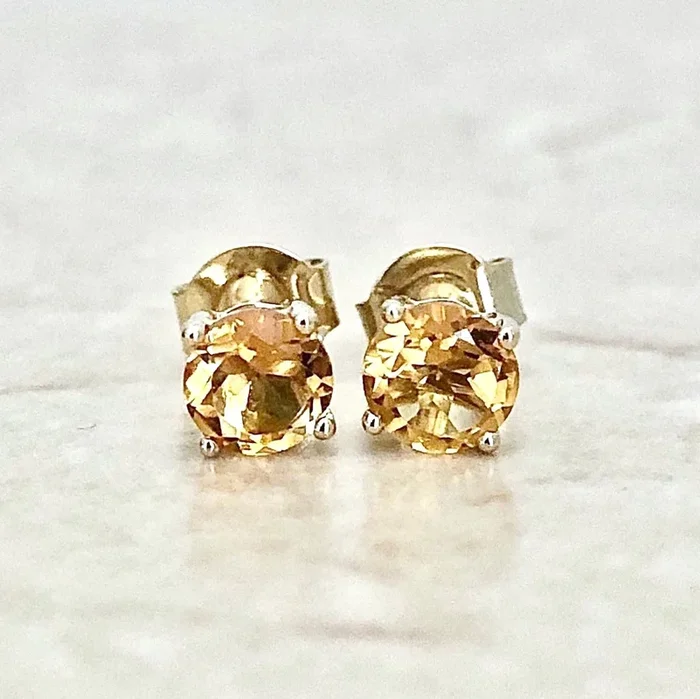 14K黄金十一月生辰石天然圆形黄水晶耳钉