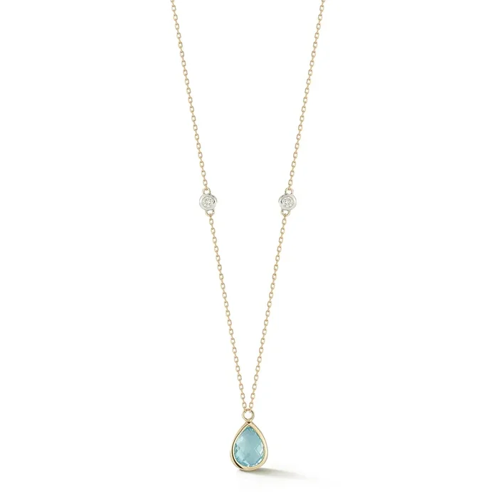 14kt Blue Topaz Pear and Diamond Bezel Necklace