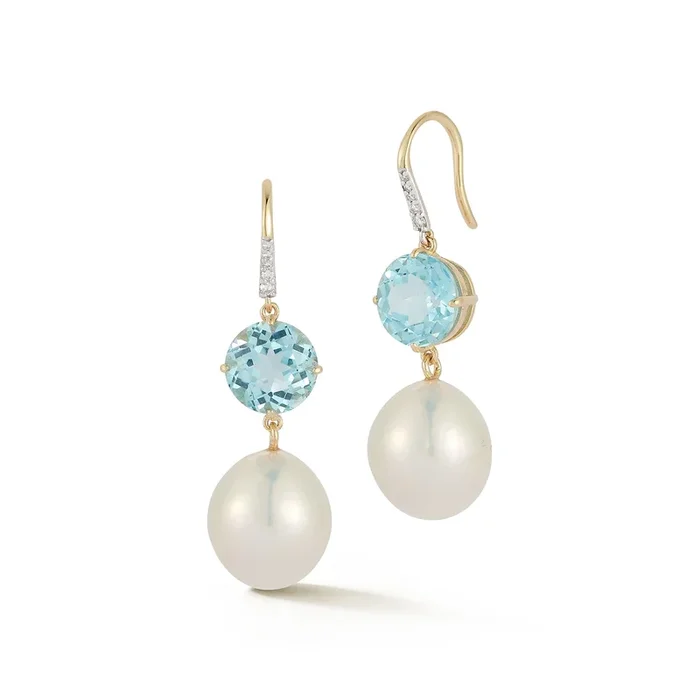 14kt Brilliant Blue Topaz and Baroque Pearl Drop Earrings