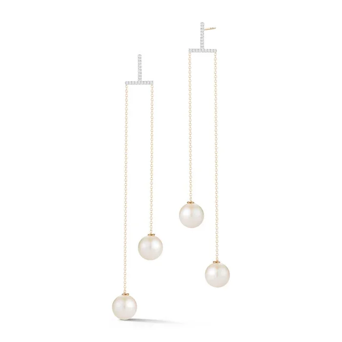 14kt Gold Diamond Bar Duo Pearl Drop Earring