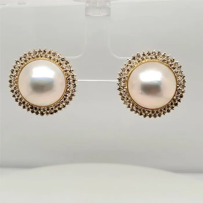 14Kt Gold Mobe Pearl and Diamond Earrings