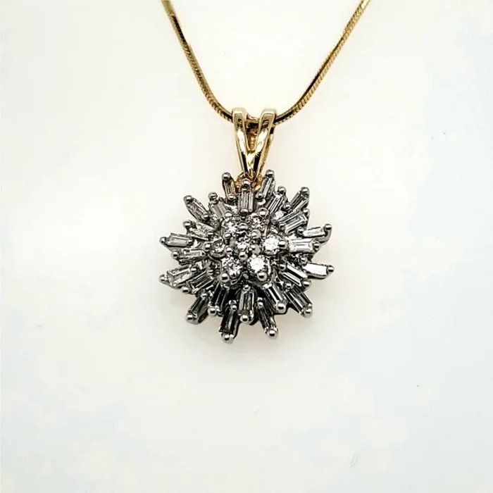 14kt Gold Round and Baguette Cut Diamond Pendant Necklace