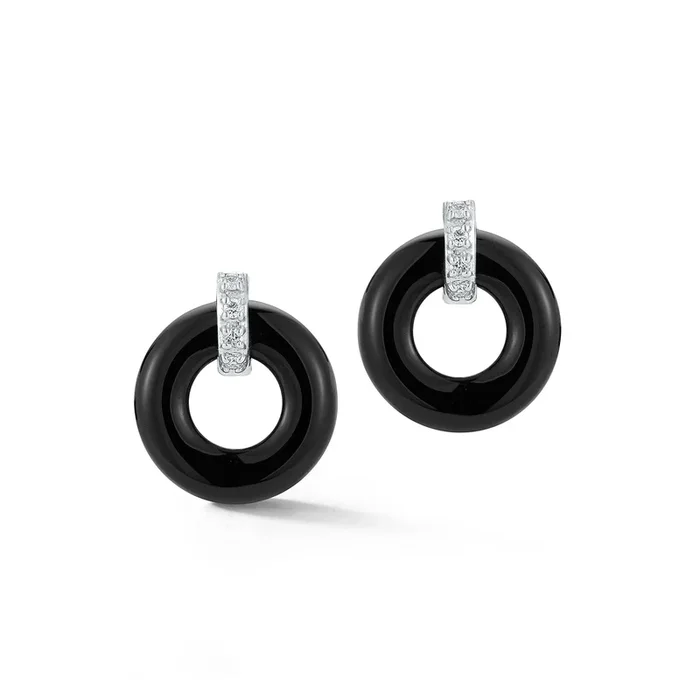 14kt Onyx Donut and Diamond Door Knocker Earrings