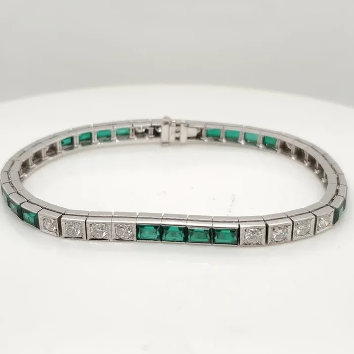 14kt White Gold Diamond and Emerald Bracelet