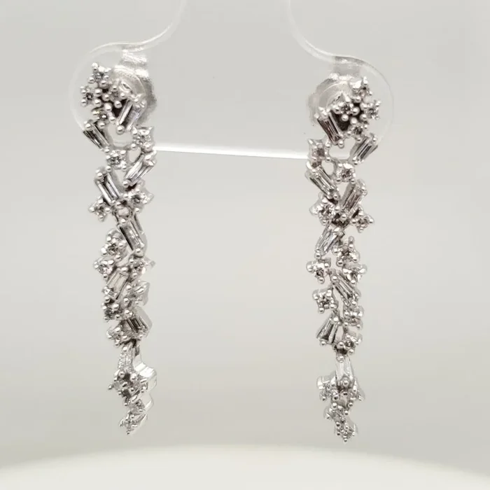 14kt White Gold Round and Baguette Diamond Earrings