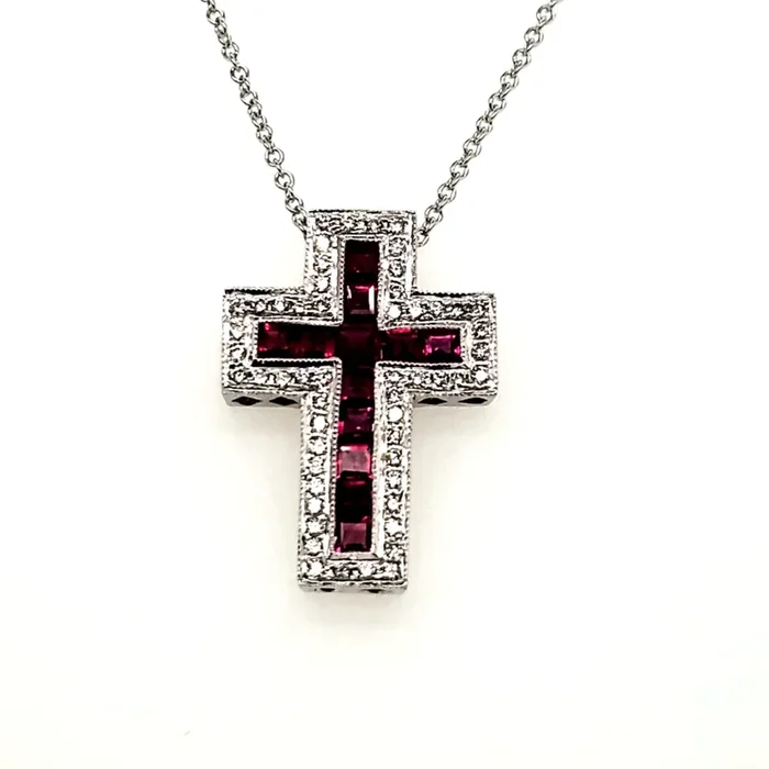 14kt White Gold Ruby and Diamond Cross