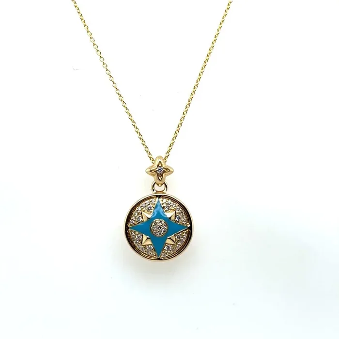 14kt Yellow Gold Diamond And Blue Enamel Cardinal Pendant
