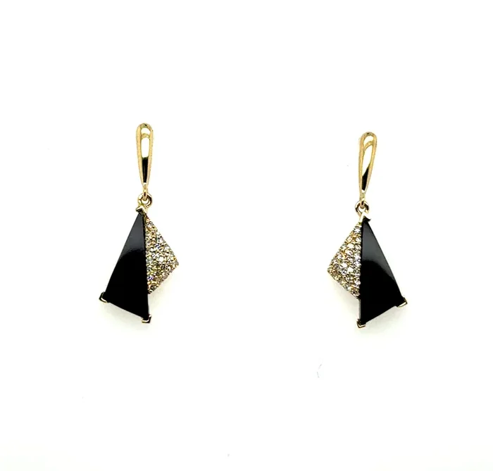 14kt Yellow Gold Diamond And Onyx Tux Drop Earrings