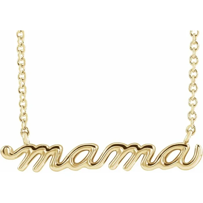 14kt Yellow Gold Mama Script Necklace on 18″ Chain