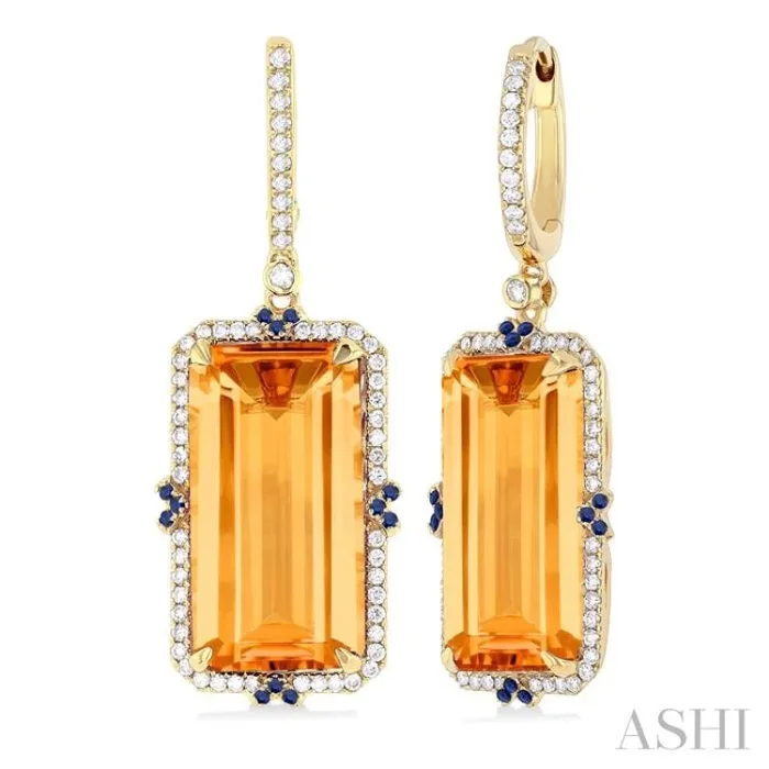 17×9 MM Emerald Cut Citrine and .80 MM Sapphire & 1/3 Ctw Round Cut Diamond Halo Precious & Semi-Precious Earrings in 14K Yellow Gold