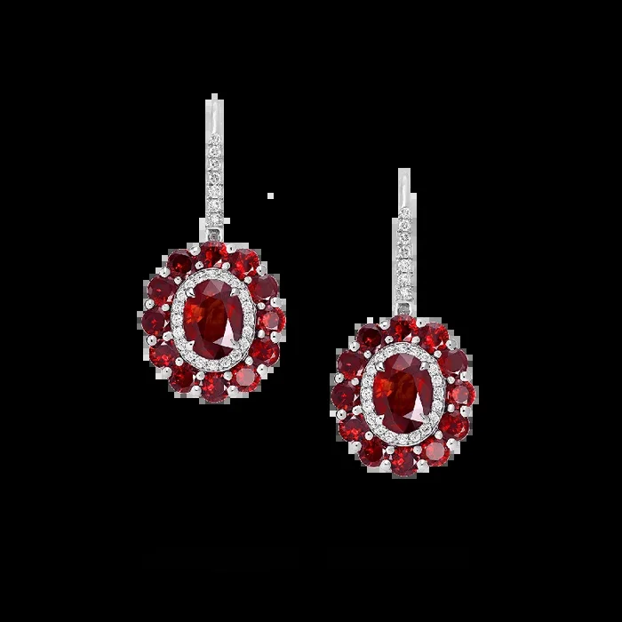 1735 Double Colour Cluster Ruby Drop Earrings | In Platinum with Diamonds