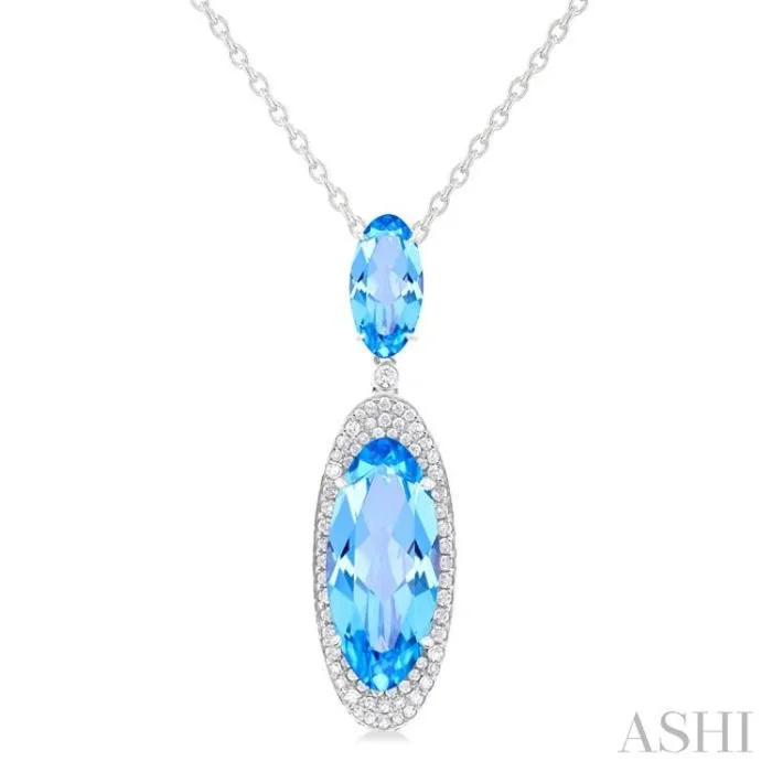 18×8 MM & 10×5 MM Oval Cut Blue Topaz and 1/3 Ctw Round Cut Diamond Halo Semi-Precious Pendant With Chain in 14K White Gold