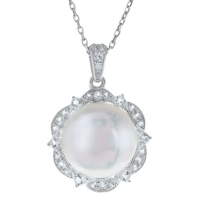 18″ Cultured Freshwater Pearl White Topaz Pendant