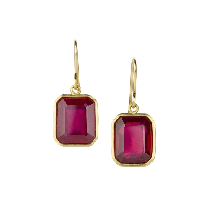 18k Emerald Cut Ruby Drop Earrings