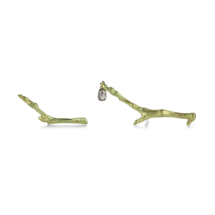 18k Gold Branch Studs with Diamond Drop