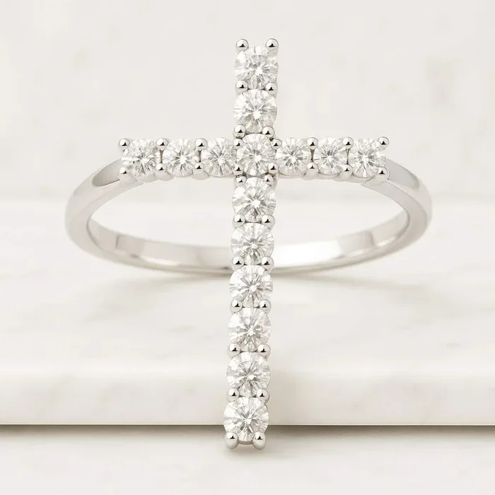 18K Gold Christian Cross Round Moissanite Diamond Band Ring