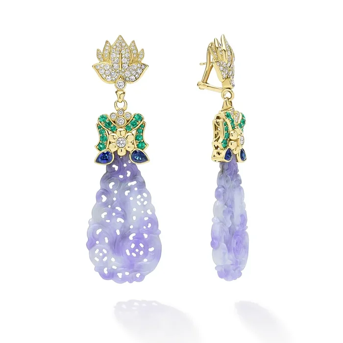 18K Gold Lavender Jade Carved Diamond Earrings
