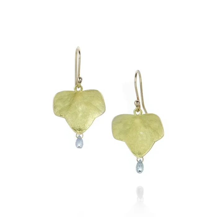 18k Ivy Leaf Earrings with Blue Sapphire Drops