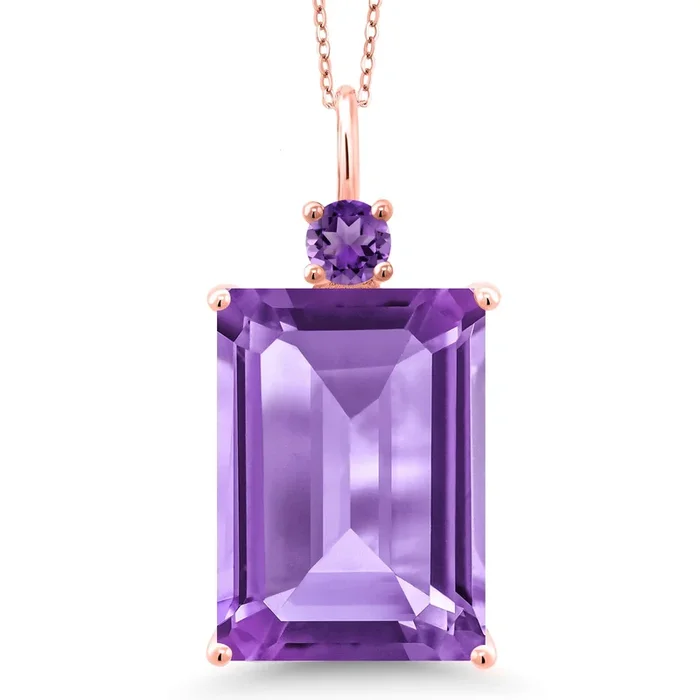 18K Rose Gold Plated Silver Gemstone Birthstone Pendant Necklace for Women | Emerald Cut 18X13MM and Round 4MM | With 18 Inch Chain | Fine Jewelry for Her Mom Wife
