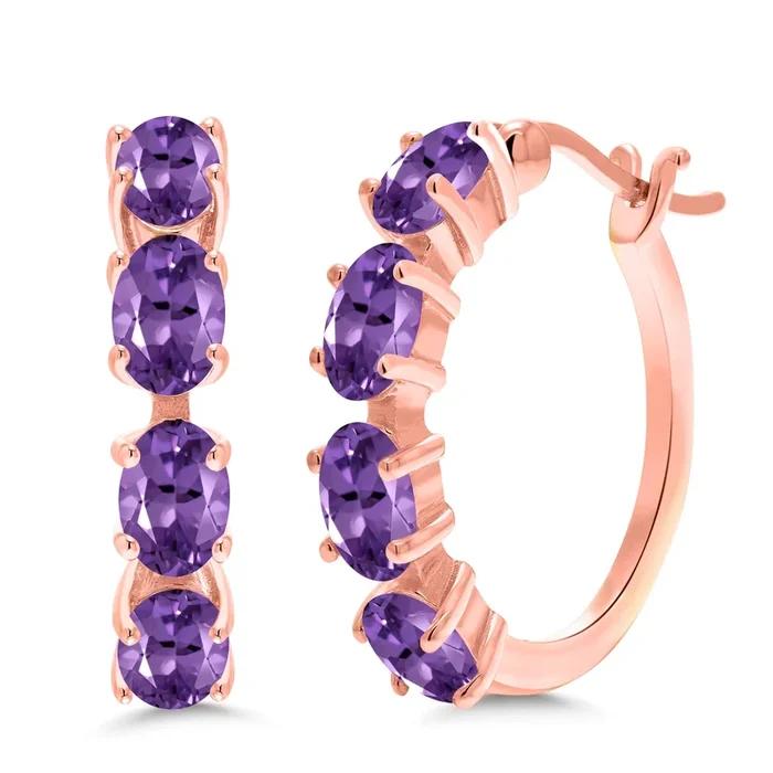 18K Rose Gold Plated Silver Oval Gemstone Birthstone Hoop Earrings | Oval 6X4MM | 22MM | 0.85 Inch | Gold Hoop Earrings For Women