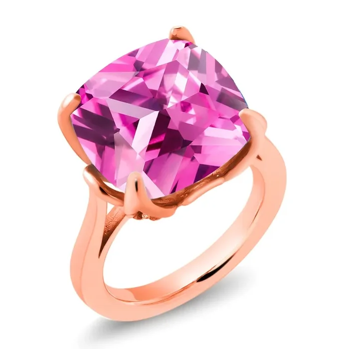 18K Rose Gold Plated Silver Pink Created Sapphire and White Lab Grown Diamond Engagement Ring For Women (14.60 Cttw, 14MM Cushion, Available in Size 5,6,7,8,9)