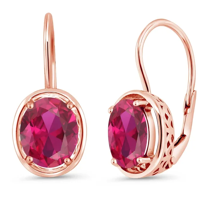 18K Rose Gold Plated Silver Red Created Ruby Dangle Earrings For Women (4.00 Cttw, Oval 9X7MM)
