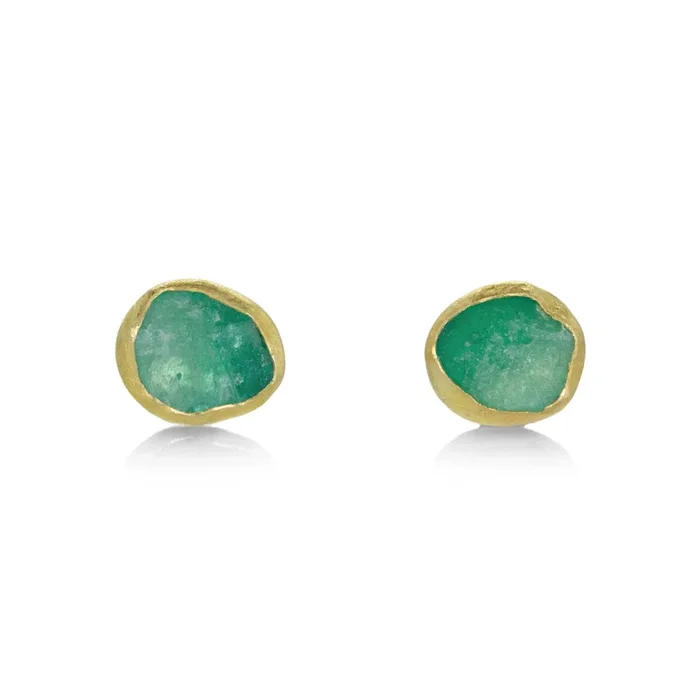 18k Rough Emerald Crystal Studs