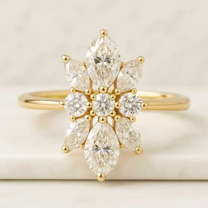18K Solid Gold Minimalist Flower Cluster Diamond Ring