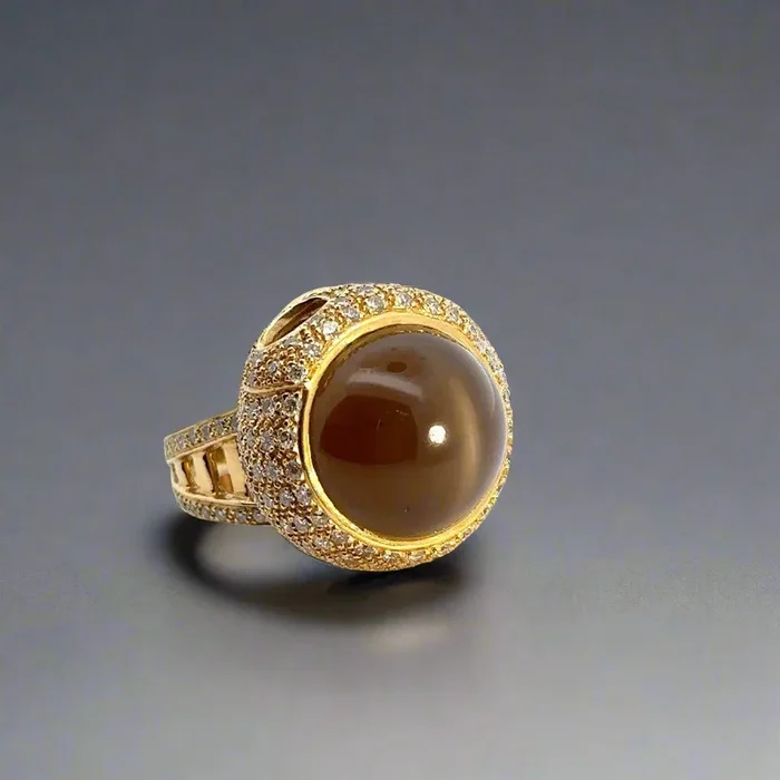 18K Solid Yellow Gold 1.65TCW Diamond Cabachon Cat’s Eye Gemstone Skull Unisex Ring