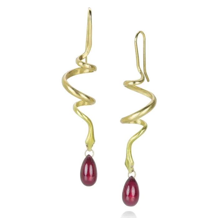 18k Spiral Snake Earrings with Ruby Drops