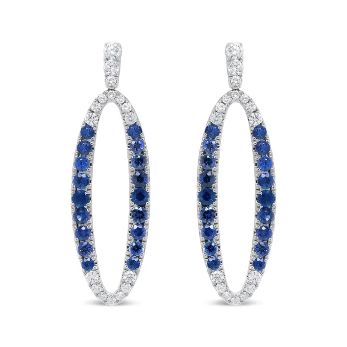 18K White Gold 1.11 Cttw Blue Round Diamond and Blue Sapphire Openwork Oval Shaped Dangle Earrings (F-G Color, VS1-VS2 Clarity)