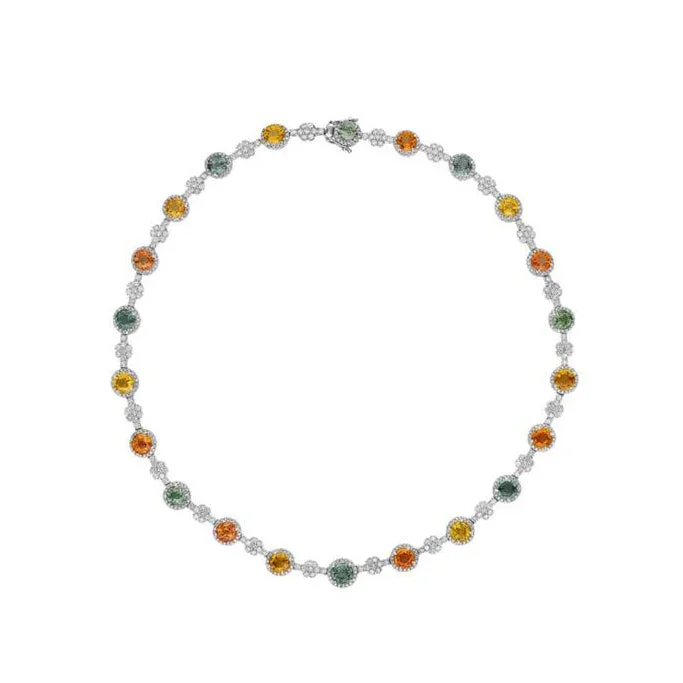 18k White Gold Multi Color Sapphire & Diamond Necklace