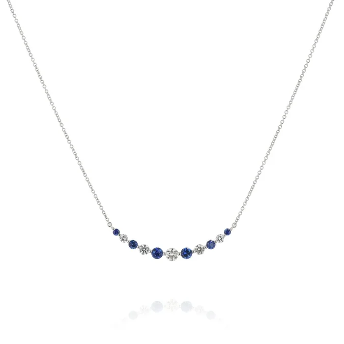 18k White Gold Small Alternating Sapphire and Diamond Curved Bar Necklace