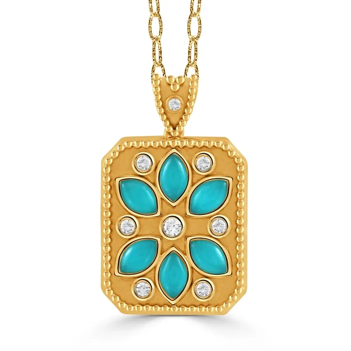 18K Yellow Gold Diamond Pendant with Turquoise