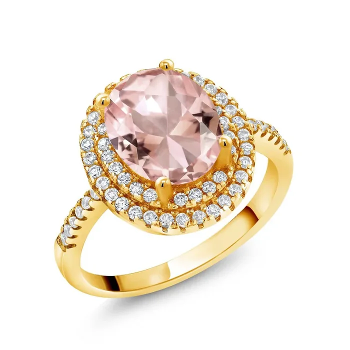 18K Yellow Gold Plated Silver 9X7MM Oval Gemstone Birthstone and White Moissanite Halo Engagement Ring for Women | Available In Size 5, 6, 7, 8, 9