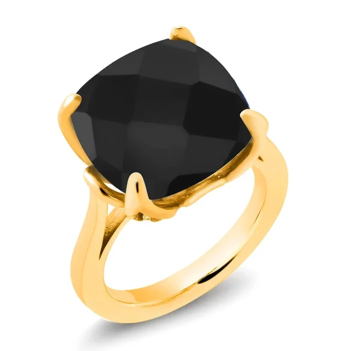 18K Yellow Gold Plated Silver Black Onyx Engagement Ring For Women (8.33 Cttw, 14MM Cushion Checkerboard, Available in Size 5,6,7,8,9)